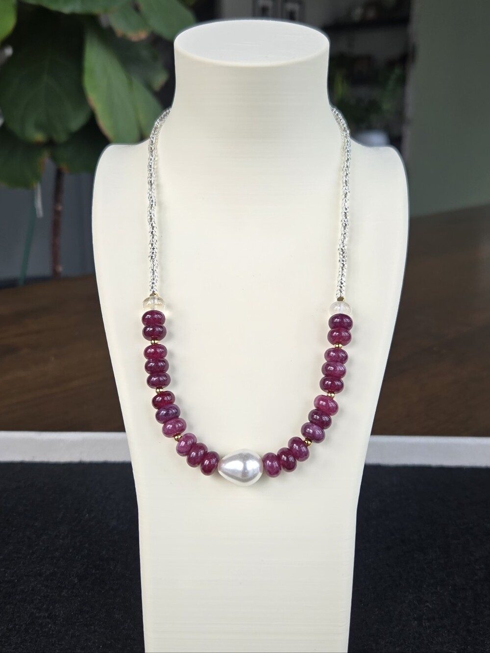 Handcrafted Semiprecious Purple Jade Necklace with Swarovski Pearl Accent
